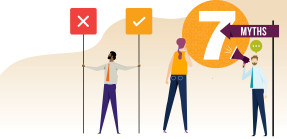 illustration of three people, one holding "traffic" signs, one with a bullhorn and the words "7 myths"