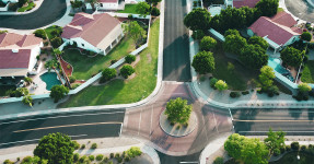 Aerial shot of red-roofed suburban homes