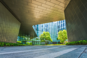 Courtyard surrounded by commercial office buildings