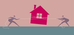 Illustration of two people pulling on a string wrapped around a house