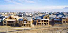 An aerial view of new homes under construction