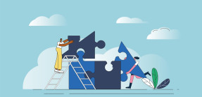 Illustration of people putting house puzzle pieces together