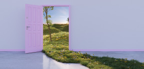 Door opening to a sunny field with flowers