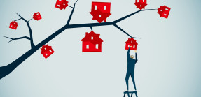 illustration of man picking house off tree