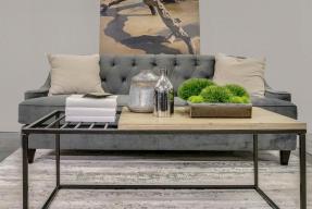 A grey couch and coffee table in the foreground with some vases, books and decorative plants