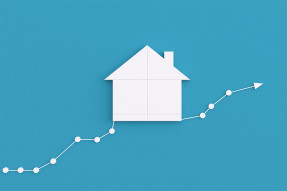 Illustration of white house shape and line graph on teal background