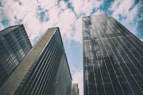 Looking up at commercial buildings in New York City