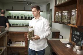 Man behind the counter of a marijuana dispensary