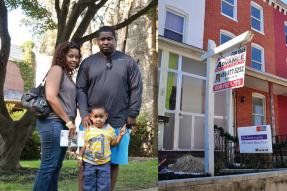 A collage showing a couple with a small kid standing in front a tree and a home for sale