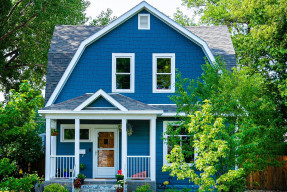 Blue house front yard and porch