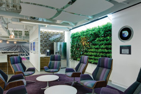 A modern sustainable office lounge area