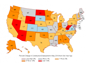 Map: Percent Change in Construction Employment in May 2019 From One Year Ago