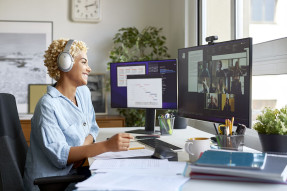 Woman participating in a webinar