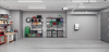 A clean, organized garage painted gray with an EV charger mounted to the wall