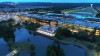 Evening, aerial image of Bell Works