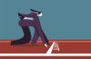 Illustration of a business woman at the starting line of a race, head start